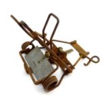 Antique trap: a mid-20thC Juby trap, with galvanised treadle marked 'Approved Juby Trap' (for