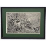 Hungarian School, XX, Etching, A hunting scene with a woman riding side saddle and huntsmen with