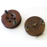 Two vintage mahogany and brass mounted sea fishing reels, each stamped 'Eton Sun' and measuring 6"