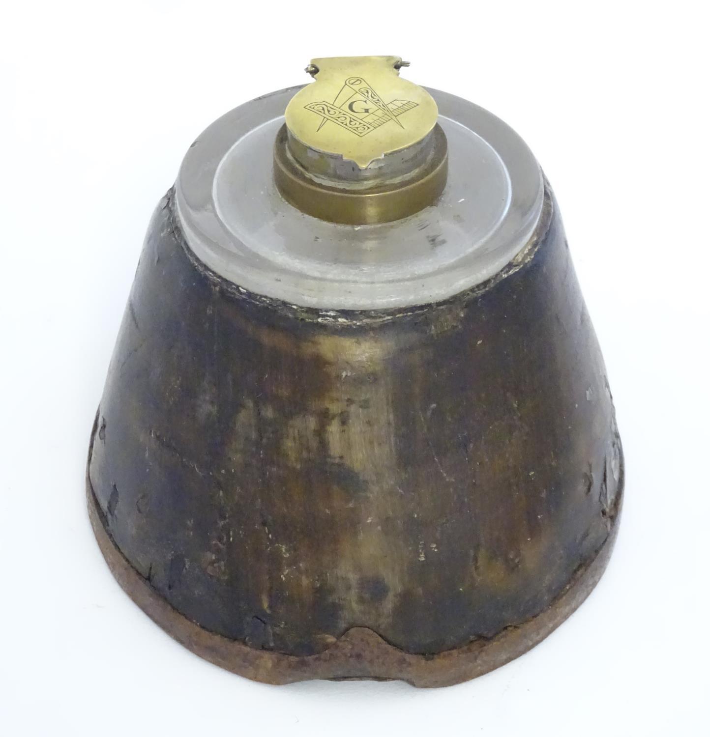 An inkwell formed from a horse hoof and having a brass lid to inkwell engraved with Masonic - Image 5 of 8