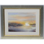 C H Bigant, XX, Watercolour, A sunset scene of a lake with a boat and ducks flying. Signed lower