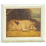 J Box, XX, Oil on canvas laid on board, A portrait of a pig at rest in a sty. Signed lower left.