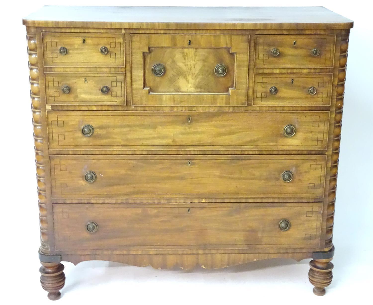 A late 19thC mahogany north country chest of drawers comprising a central geometrically moulded - Image 5 of 9