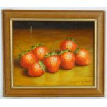 Tom Caspers, XX, Oil on canvas laid on board, A still life study of strawberries. Signed lower