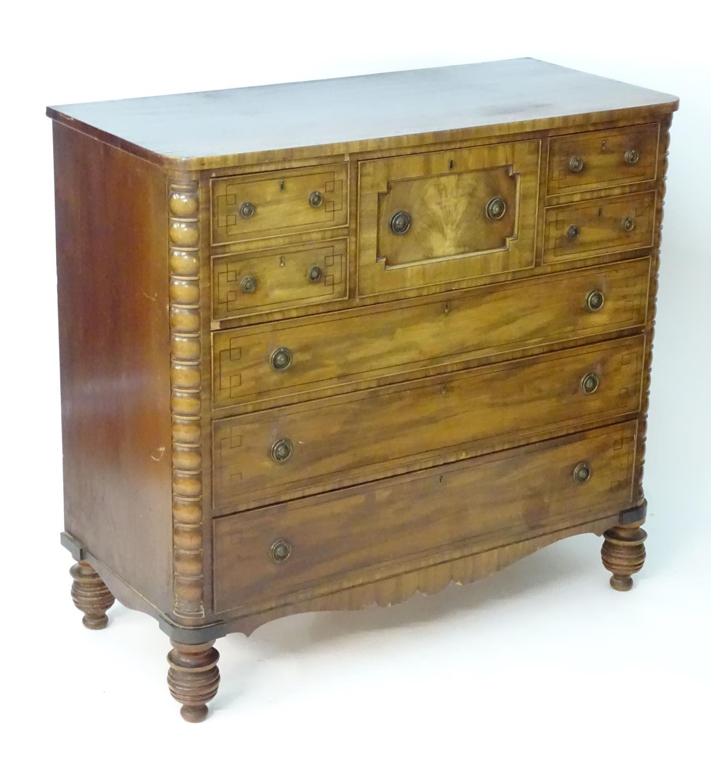 A late 19thC mahogany north country chest of drawers comprising a central geometrically moulded - Image 4 of 9
