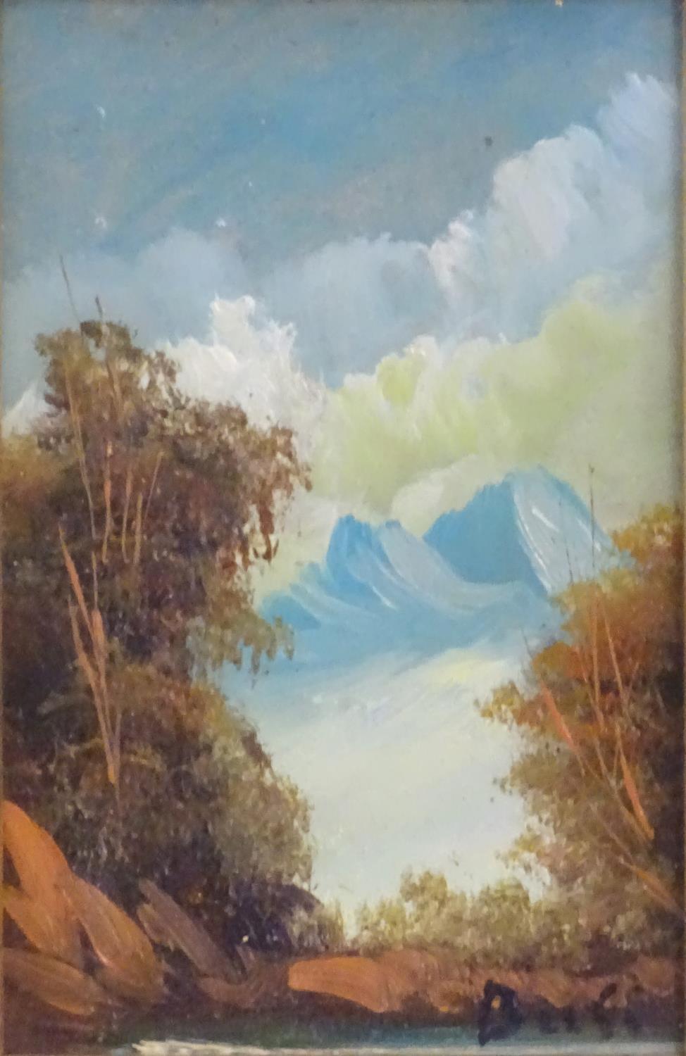 Buss, XX, Oil on board, A mountain landscape scene. Signed lower right. Approx. 5 1/2" x 3 1/2" - Image 4 of 5