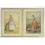 XIX, English School, A pair of watercolours, A portrait of a lady with a basket crossing a river