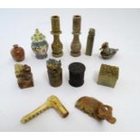 A quantity of assorted items to include Oriental soapstone wares: a pair of carved candlesticks, a