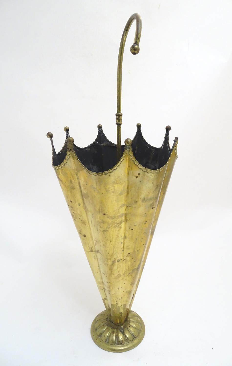 An early 20thC brass stick stand formed as an upturned umbrella, with internal division and weighted - Image 3 of 6