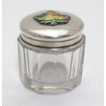 A glass toilet pot with Sterling silver lid having maple leaf decoration with enamel detail. Maker