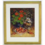 Maureen Jordan, XX-XXI, Pastels, A still life study with a silver kettle, flowers, strawberries