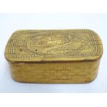 A 19thC pressed birch snuff box with carved detail, the hinged lid with a decorative vignette