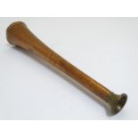 A 19thC English hunting horn, copper pipe and bell with brass mouthpiece, 9 3/8" long Please