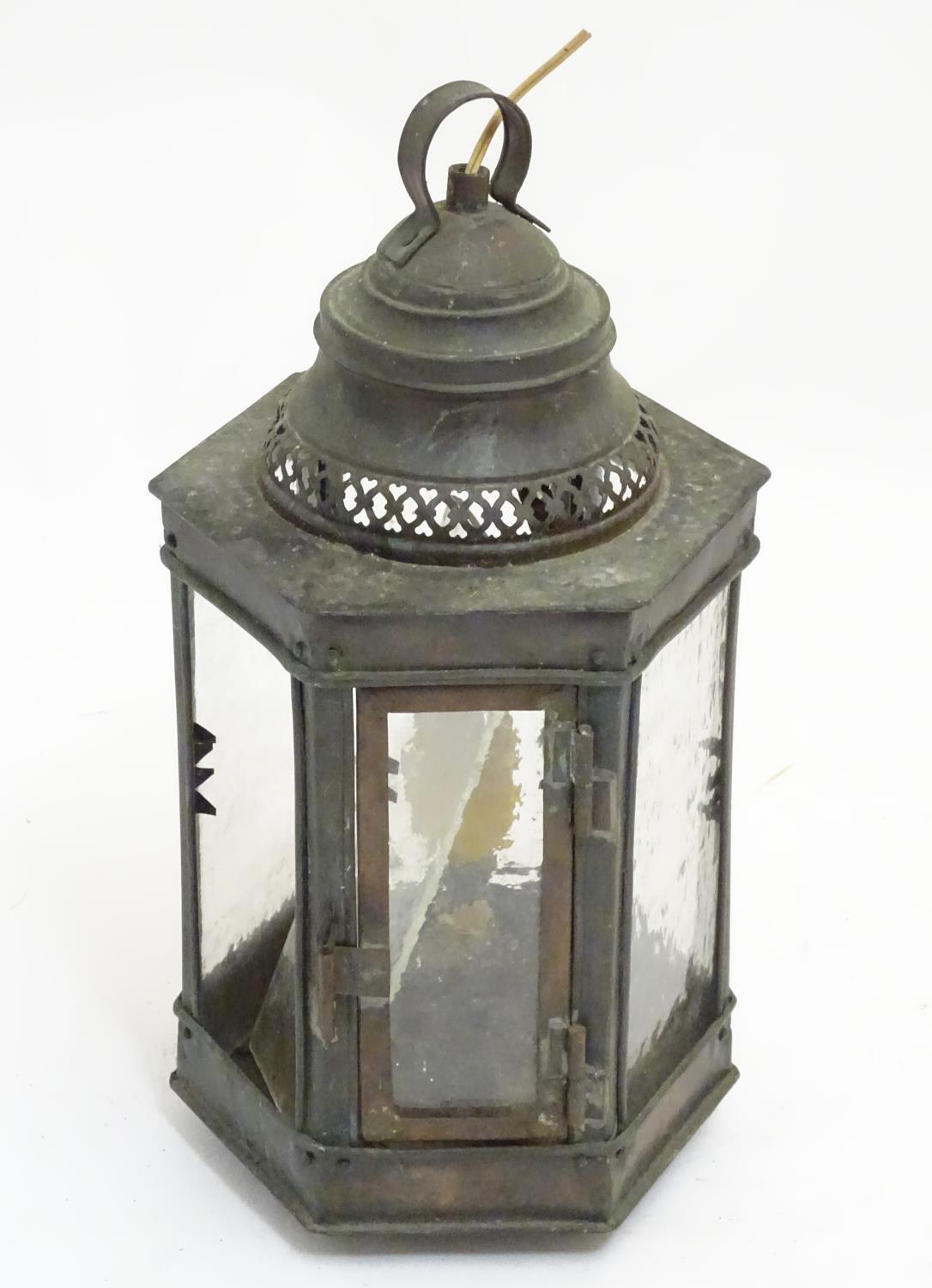 An Arts & Crafts copper hexagonal panelled pendant lantern, approximately 15 1/2" tall Please Note - - Image 3 of 5