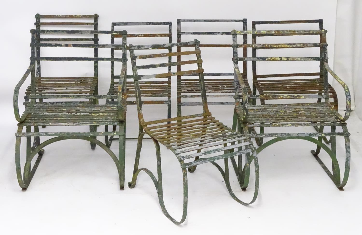 Seven Regency period garden chairs, these wrought iron strap back rails over a seat supported by 'S' - Image 5 of 5