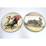 A pair of Continental hand painted plates / chargers depicting bull fighting scenes. Approx. 16"