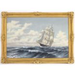 P Davis, XX, Marine School, Oil on canvas, Red Jacket at Sea, A clipper ship under full sale.