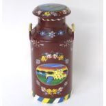 A late 20thC aluminium milk churn, decorated with canal art scenes and stamped 'Grundy (Teddington