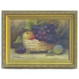 Indistinctly signed E. Y. Innes, Oil on board, A still life study of fruit in a basket. Signed lower