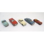 Toys: Five Dinky Toys die cast scale model cars comprising M. G. Midget, no. 108; Sunbeam Alpine,
