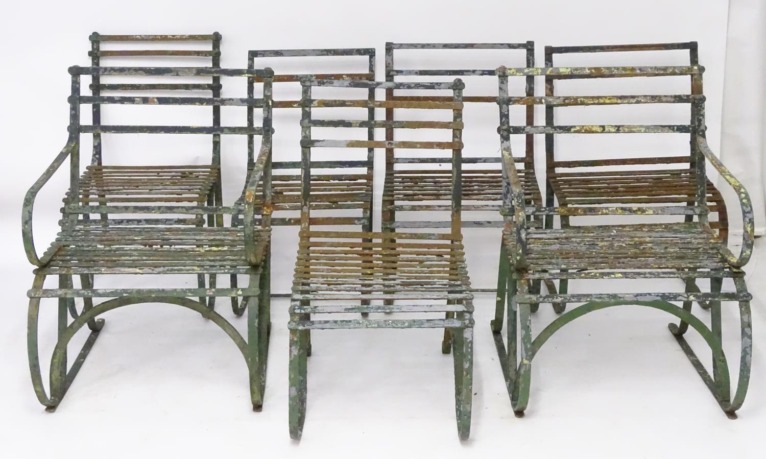 Seven Regency period garden chairs, these wrought iron strap back rails over a seat supported by 'S' - Image 4 of 5