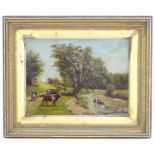 M. Cheetham, XIX, Oil on board, A wooded river landscape with children playing in the water and