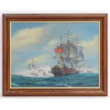 Freddie, XX, Marine School, Oil on canvas, A naval battle with tall ships at sea. Signed lower