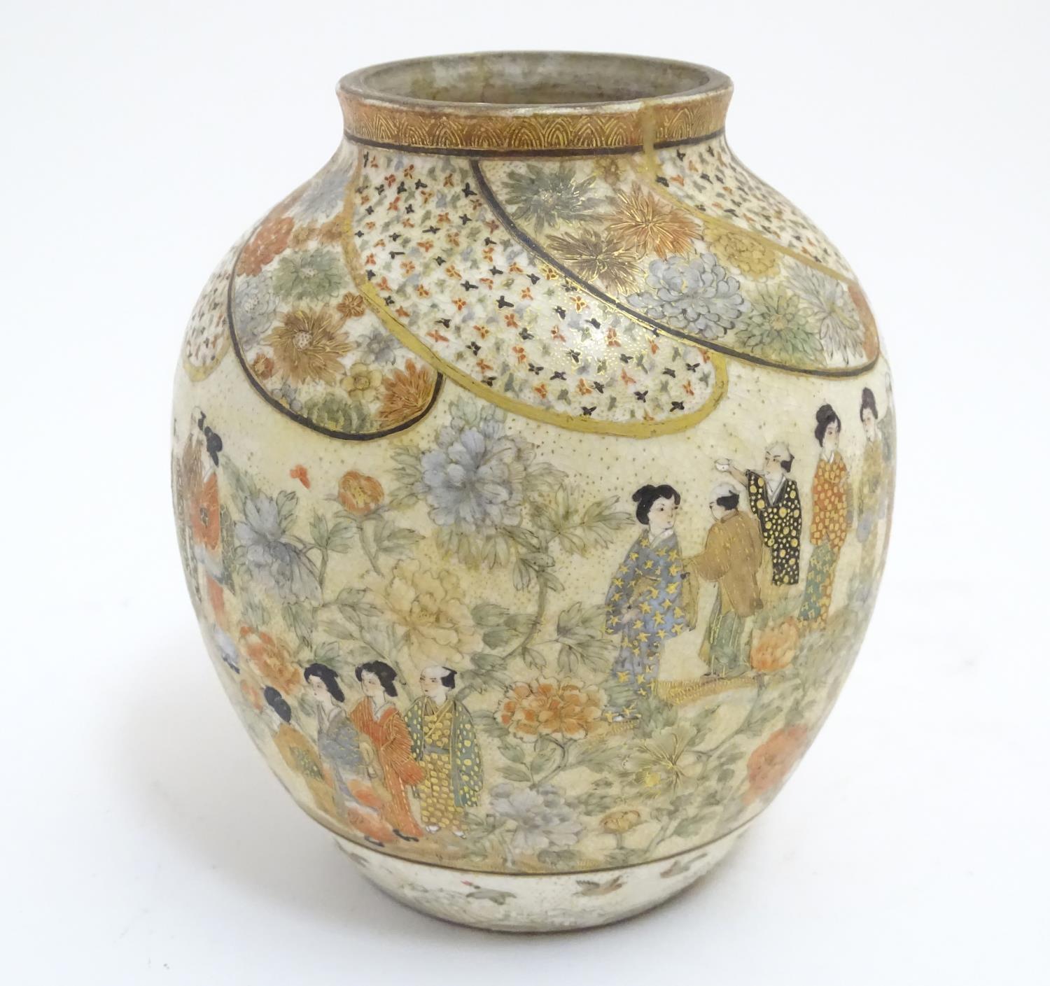 A Japanese Satsuma vase with hand painted decoration depicting figures, geisha girls etc. in a - Image 3 of 7