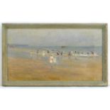 XIX-XX, Oil on canvas, Day at the Beach, A Victorian beach scene with women and children, boats