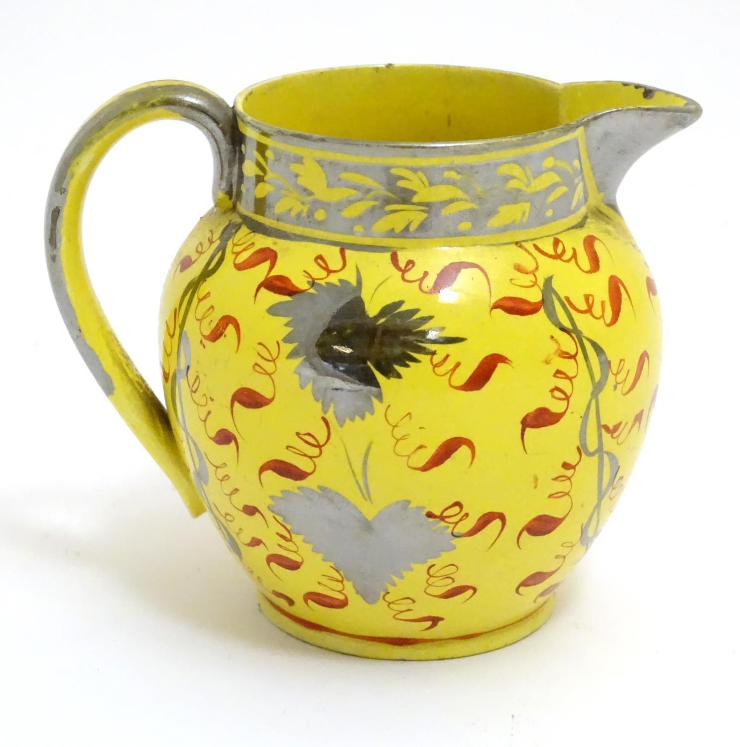 A 19thC canary yellow Sunderland lustre cream jug with stylised lustre leaf and foliate - Image 5 of 8