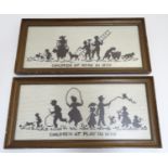 A pair of 19thC embroideries, Children at Play in 1830, a silhouette depiction of children skipping,
