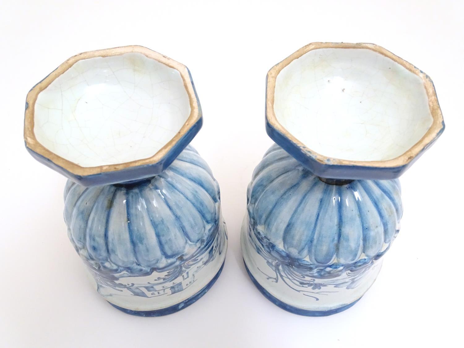 A pair of Continental blue and white pedestal jars and covers decorated with hand painted - Image 2 of 6