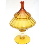 A Victorian Amberina glass sweet jar / bon bon dish , with ribbed decoration and knopped lid. 12"
