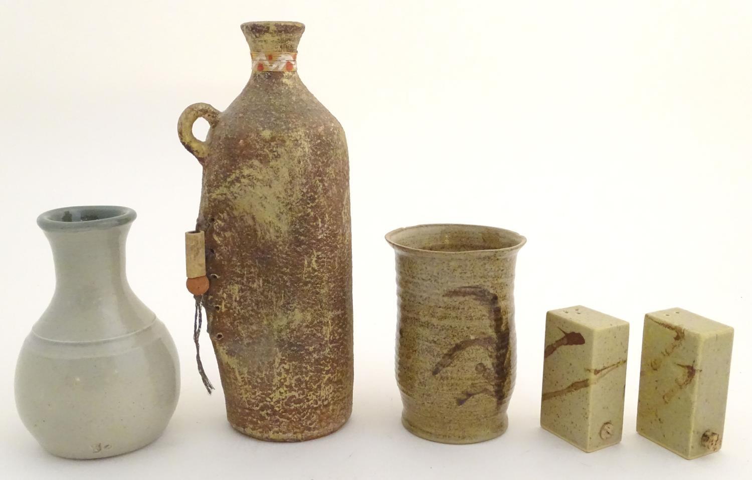 A quantity of assorted studio pottery wares, to include vases, a salt and pepper of rectangular - Image 3 of 10