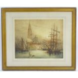 Indistinctly Signed, XX, Coloured print, Early Morning in Antwerp, A harbour scene at sunrise.