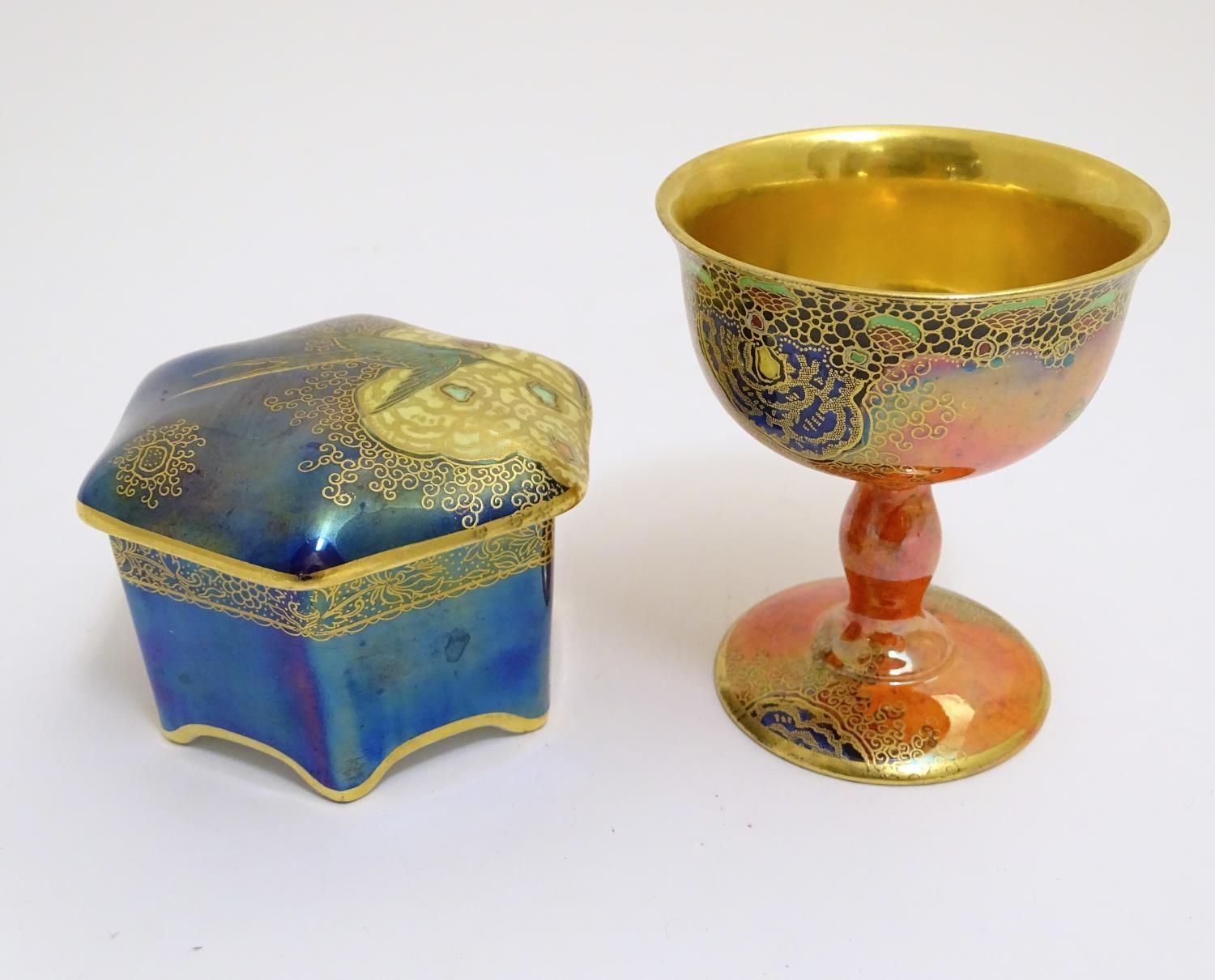 Two items of Carlton Ware lustre comprising a pedestal bowl in the pattern paradise bird, cloud