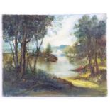 Indistinctly signed, XIX-XX, Oil on canvas, A wooded river landscape with figures rowing and figures