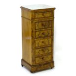 A 19thC walnut marble topped pot cupboard / bedside cabinet, with four short drawers and a drop