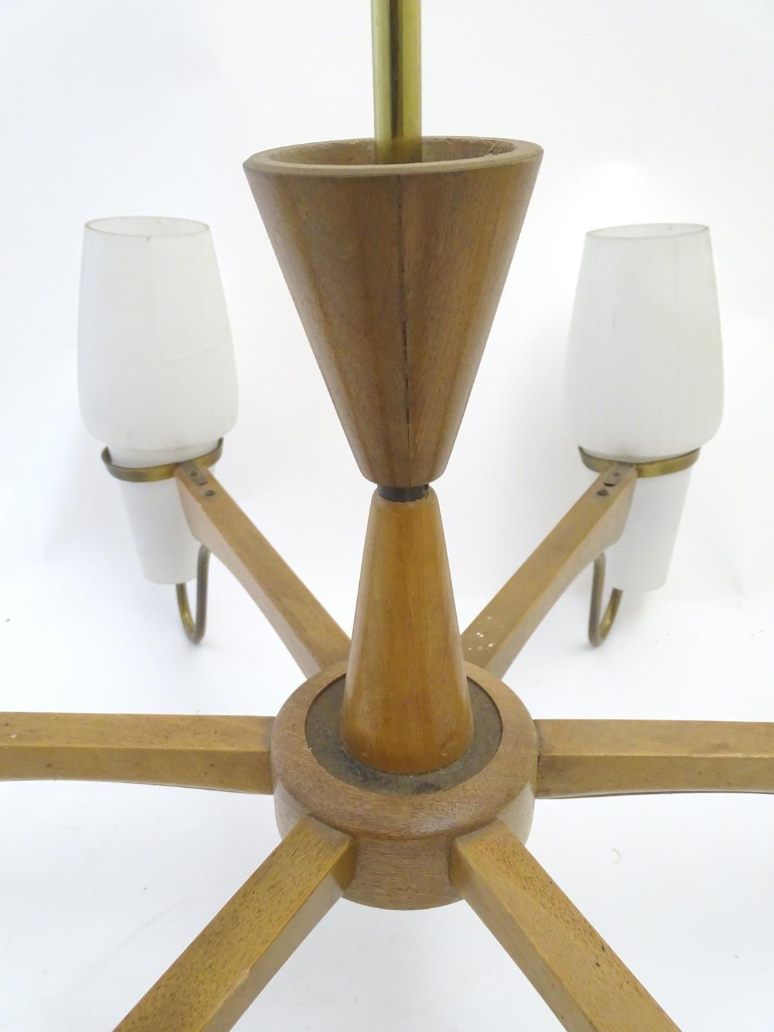 Vintage Retro, Mid-Century: a European walnut six branch electrolier, with brass fittings and opaque - Image 5 of 6