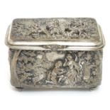 A 19thC Continental silver plate electrotype box / jewel casket with figural scenes of you lovers in