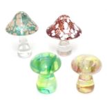 Four glass mushroom ornaments / paperweights by Alum Bay and Isle of Wight Glass, the largest 4"
