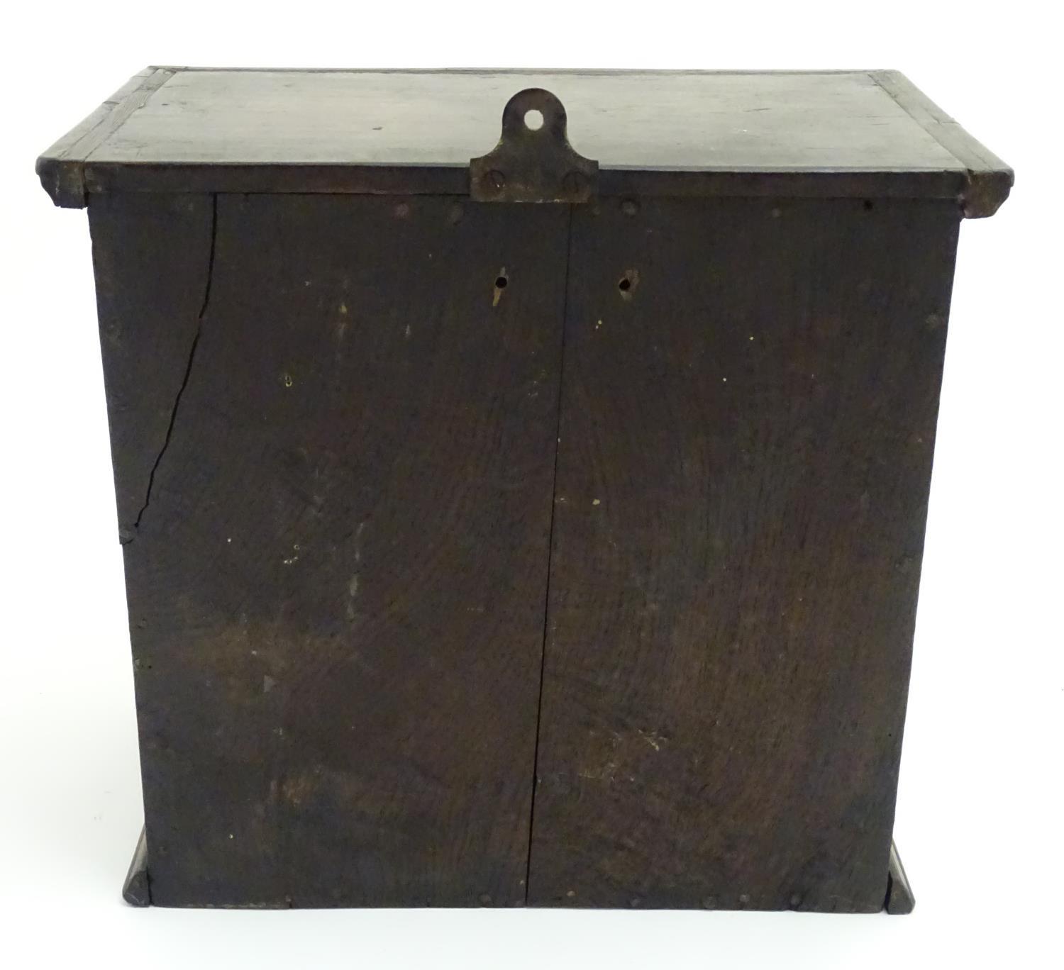 An 18thC walnut spice cupboard with string inlay. Approx. 14 1/4" x 14 3/4" x 9 1/4" Please Note - - Image 5 of 6