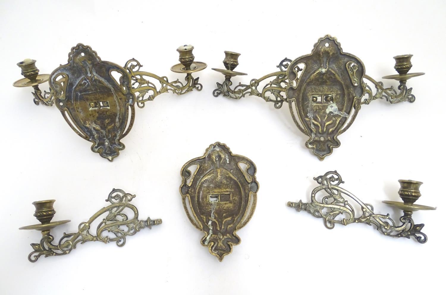 A trio of 19thC brass adjustable double wall sconces, decorated with acanthus fronds and elements of - Image 2 of 6