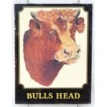 A 20thC pub sign, 'Bull's Head', with printed lettering and illustration of an Ayrshire bull, 44 1/
