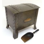 An Arts & Crafts copper coal / log box, of riveted construction with hammered finish, with removable