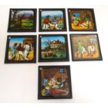 Seven 19thC coloured magic lantern slides, images to include cotton plantation scenes / scenes of