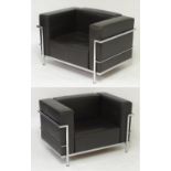 A pair of Le Corbusier LC3 chairs with leather backrests, seats, arms and chromed frames. 39" wide x