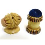 Two Victorian sewing / needlework accessories to include a Tunbridgeware thread waxer / pin cushion,