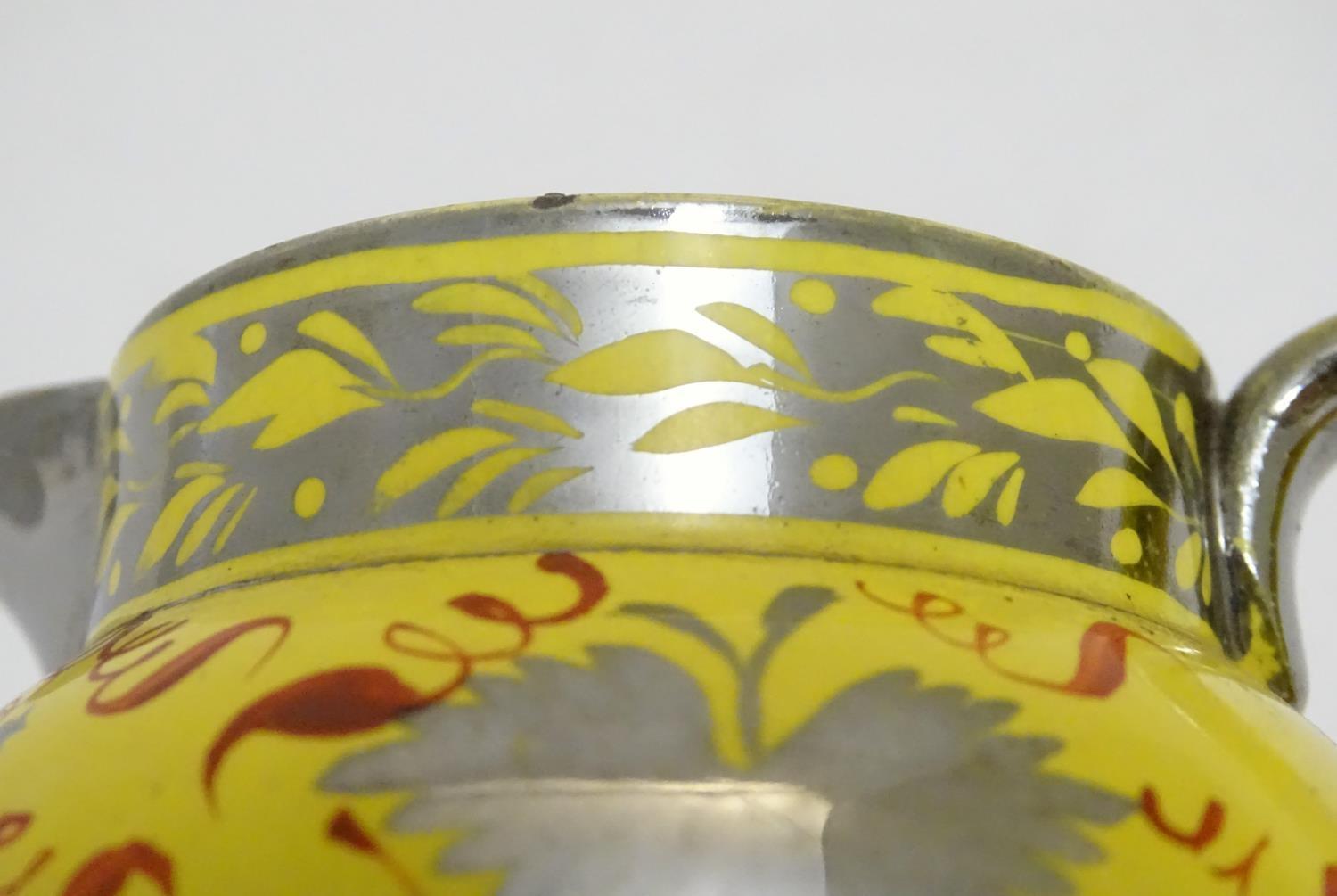 A 19thC canary yellow Sunderland lustre cream jug with stylised lustre leaf and foliate - Image 8 of 8