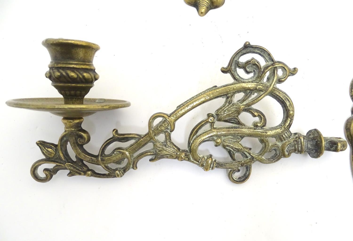 A trio of 19thC brass adjustable double wall sconces, decorated with acanthus fronds and elements of - Image 3 of 6